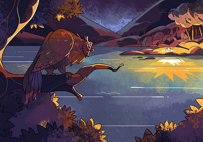 Campfire 2d illustration animal art campfire character character design fire fireart fireart studio flat forest illustration lake landscape light mountains owl tree